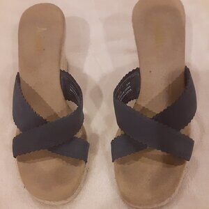 Judith 8M Navy Blue Slip On Sandal w/3" Wedge Heel.